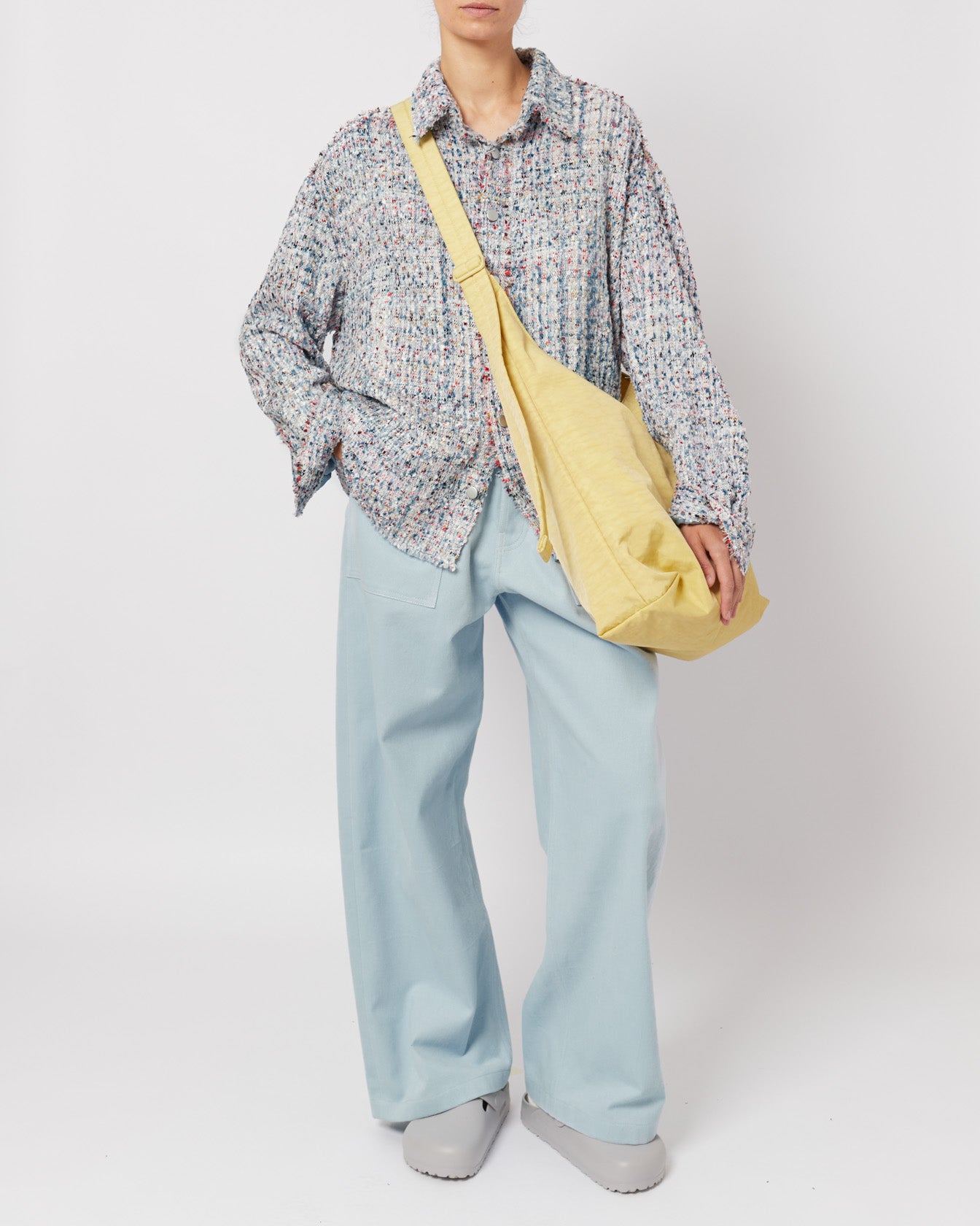 Light Blue Multicolor Melange Oversized Raw Cut Tweed Shirt