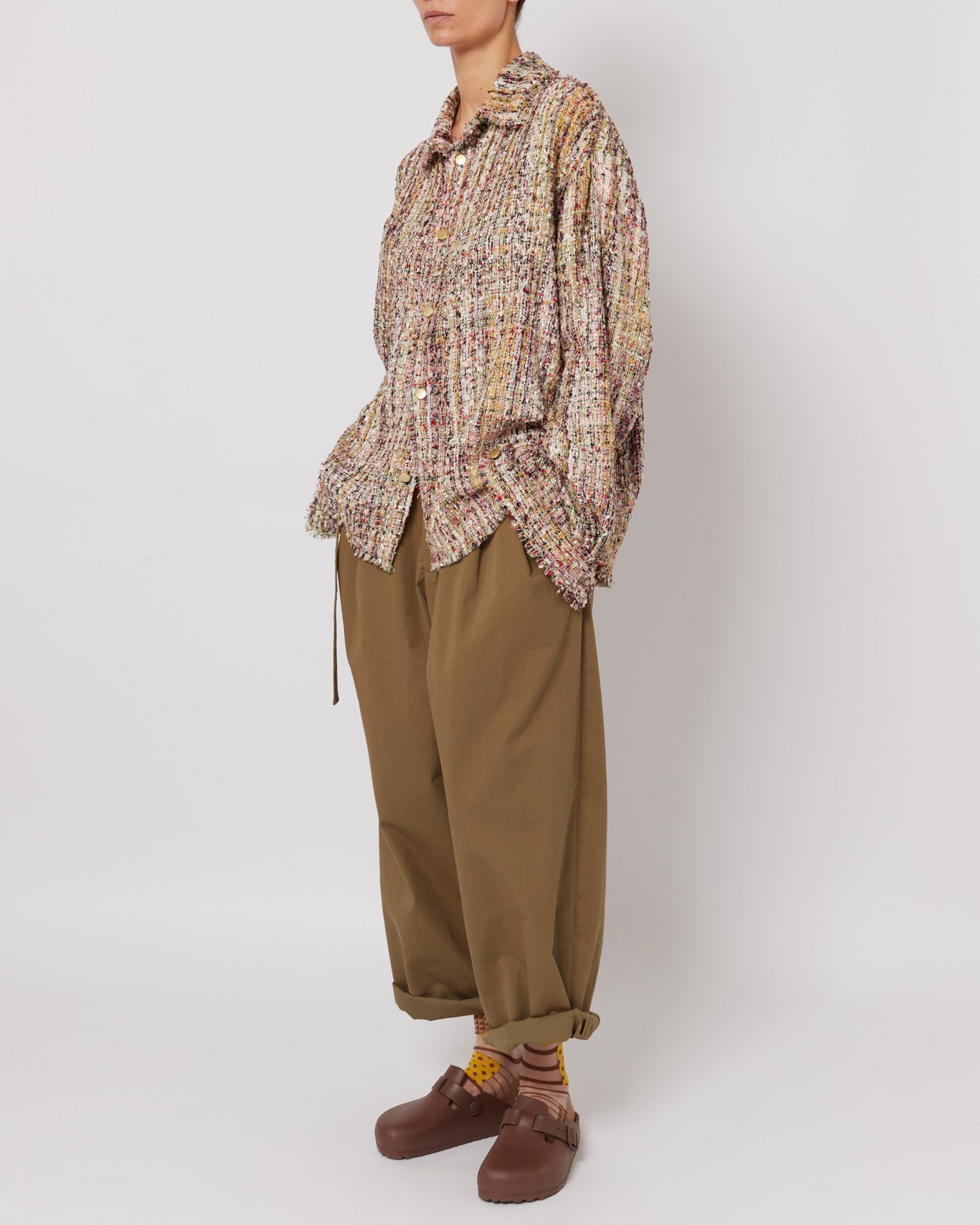 Golden Multicolor Melange Oversized Raw Cut Tweed Shirt