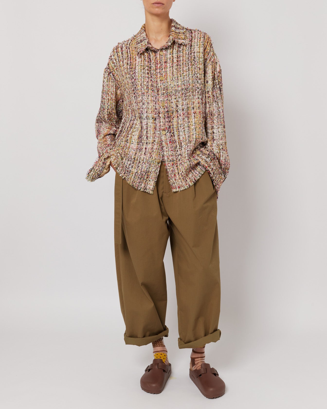 Golden Multicolor Melange Oversized Raw Cut Tweed Shirt