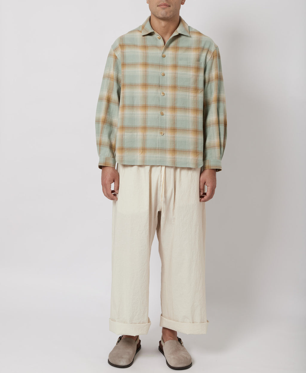 Slate Blue & Sand Plaid Flannel Shirt