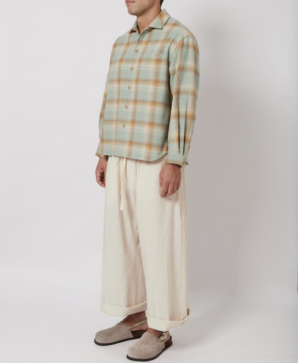 Slate Blue & Sand Plaid Flannel Shirt