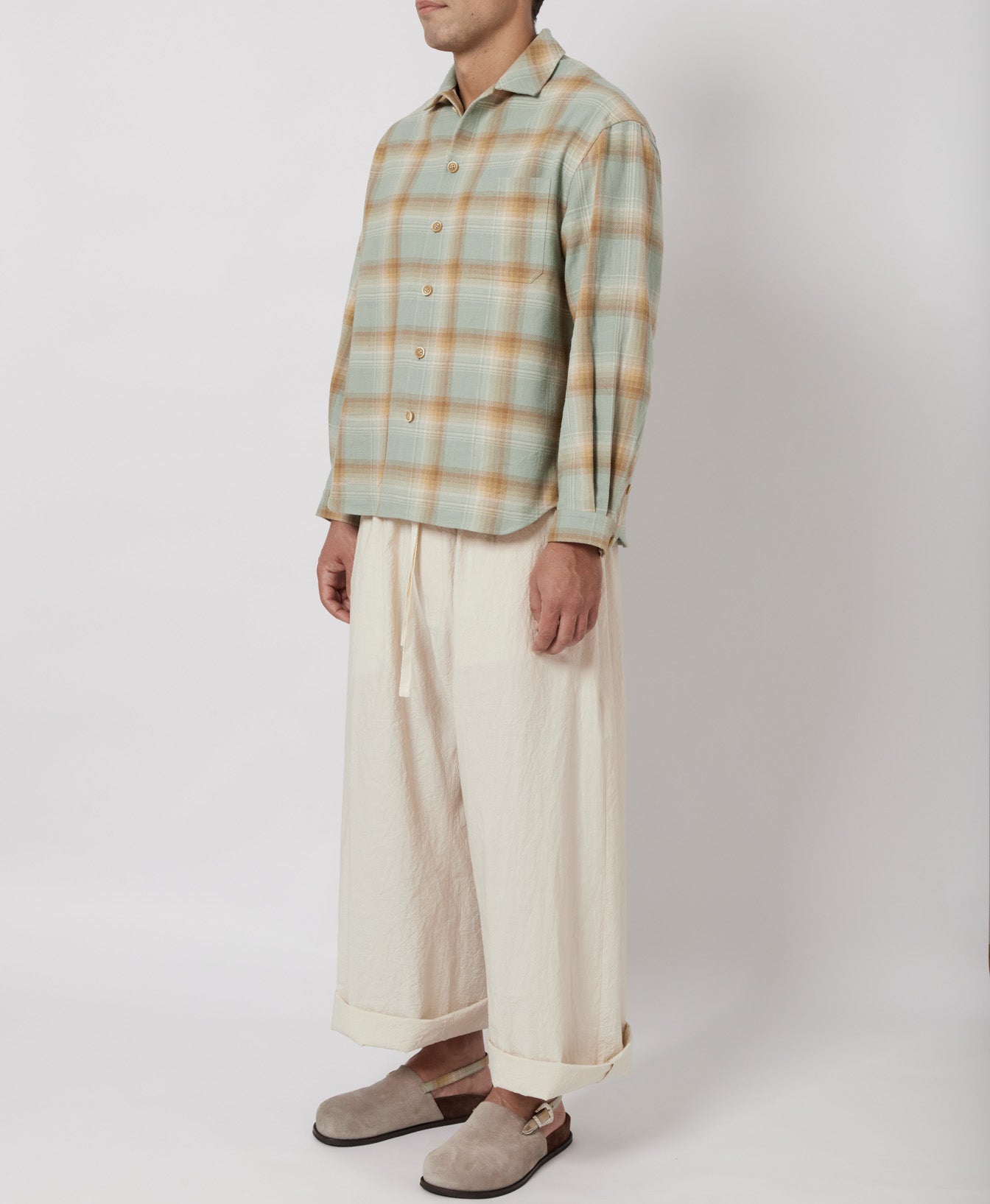 Slate Blue & Sand Plaid Flannel Shirt