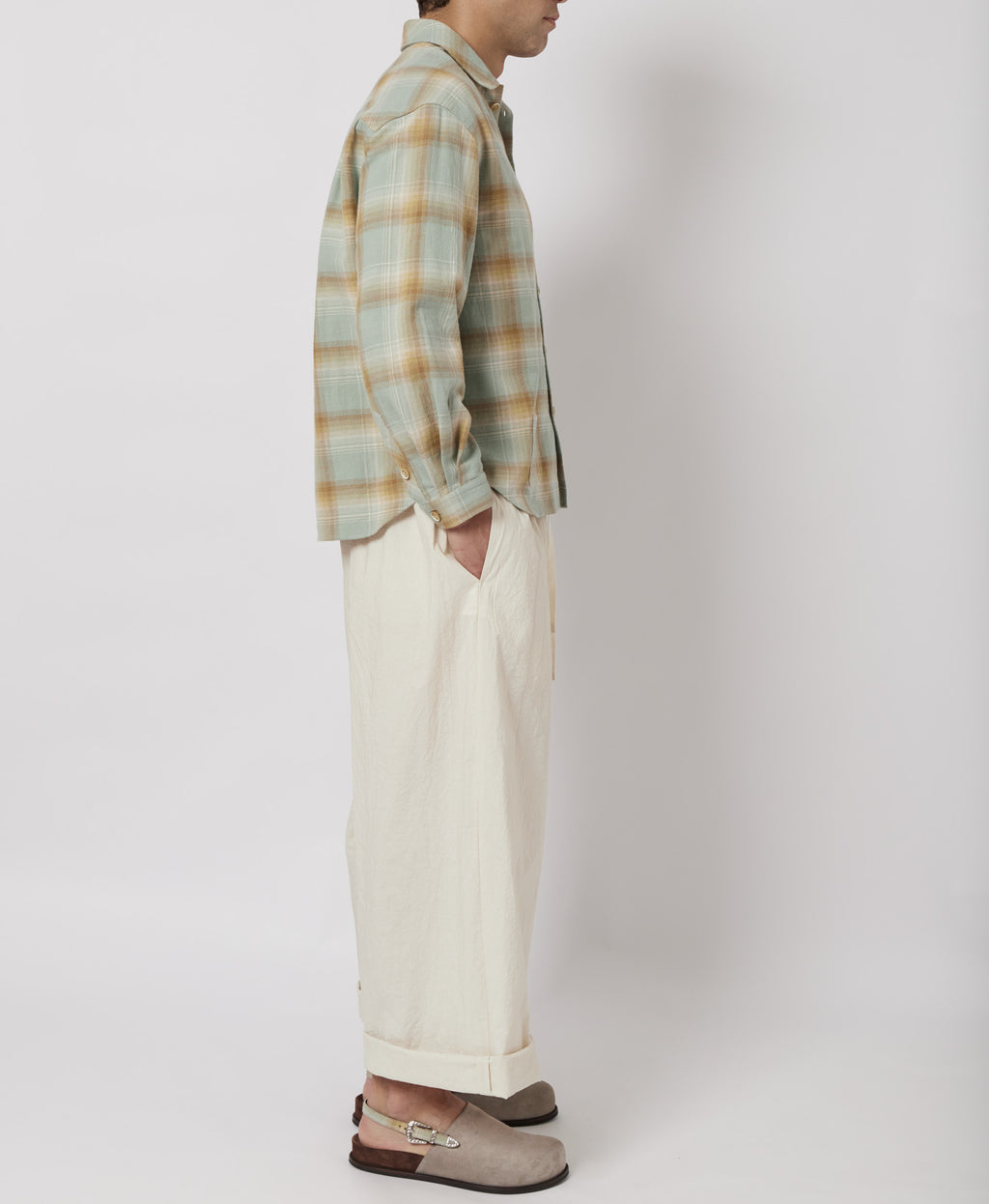 Slate Blue & Sand Plaid Flannel Shirt