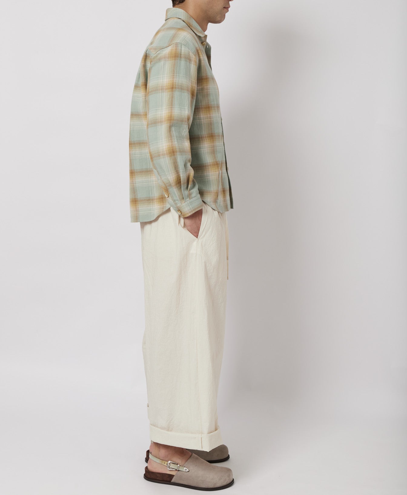 Slate Blue & Sand Plaid Flannel Shirt