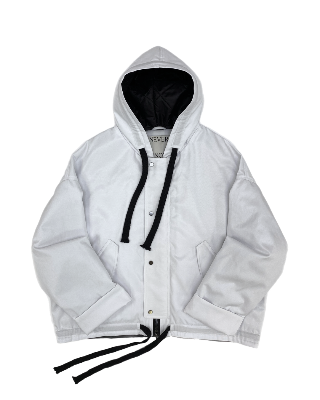 White oversized hooded jacket with quilted lining and insulation.