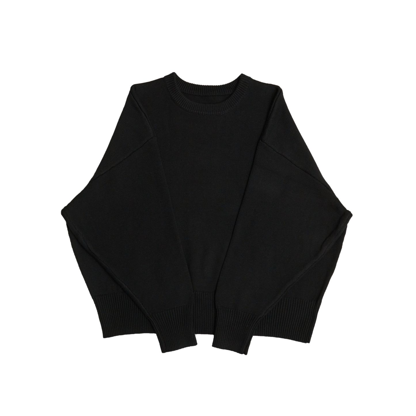 Black crew neck oversized cotton blend sweater with ribbed cuffs and hem.