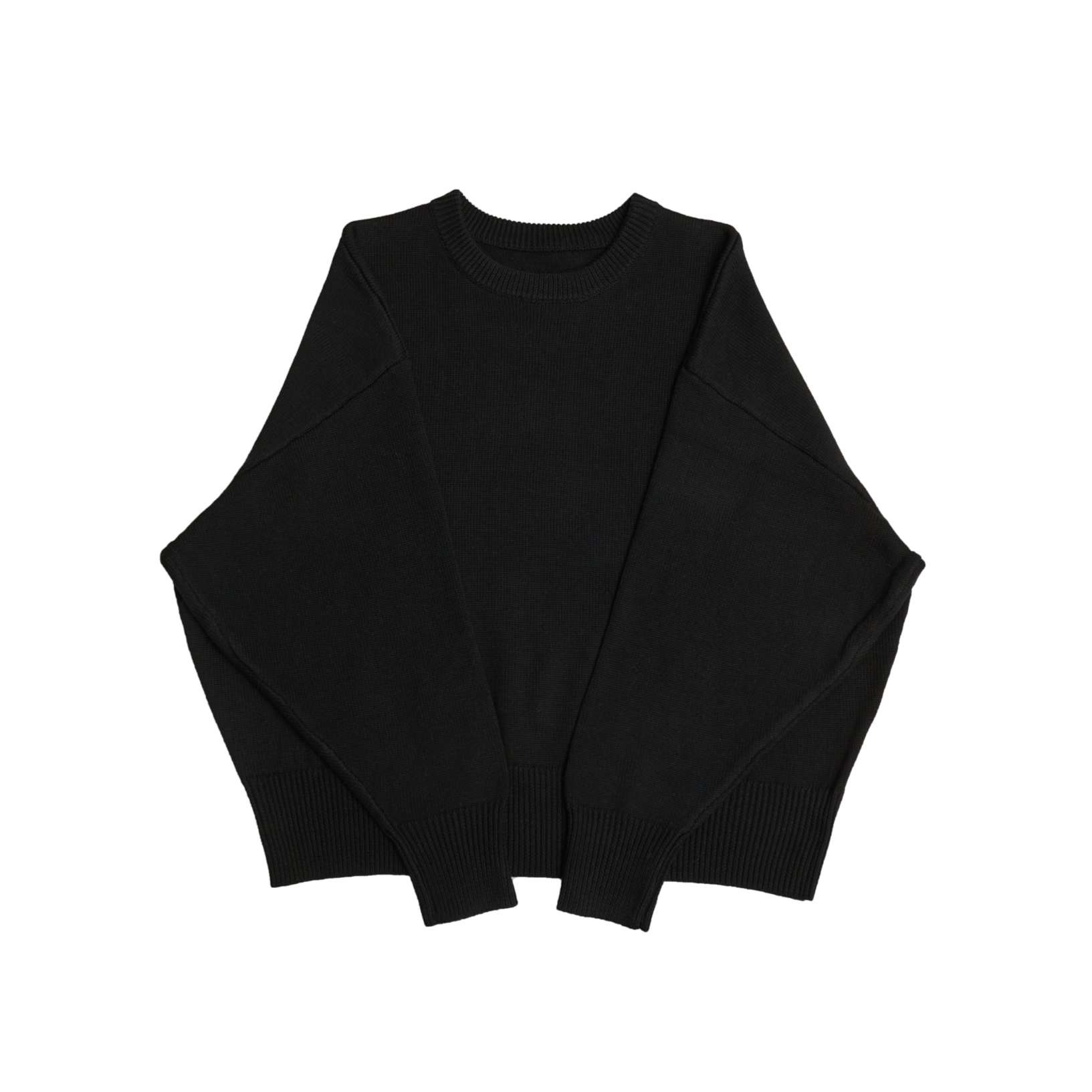 Black crew neck oversized cotton blend sweater with ribbed cuffs and hem.