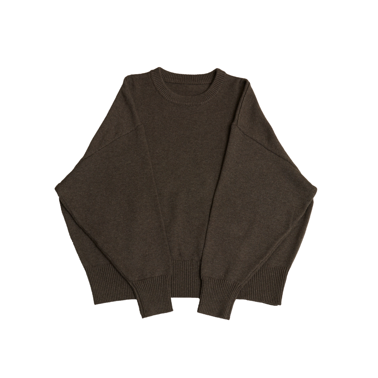 Brown crew neck oversized cotton blend sweater with ribbed cuffs and hem.