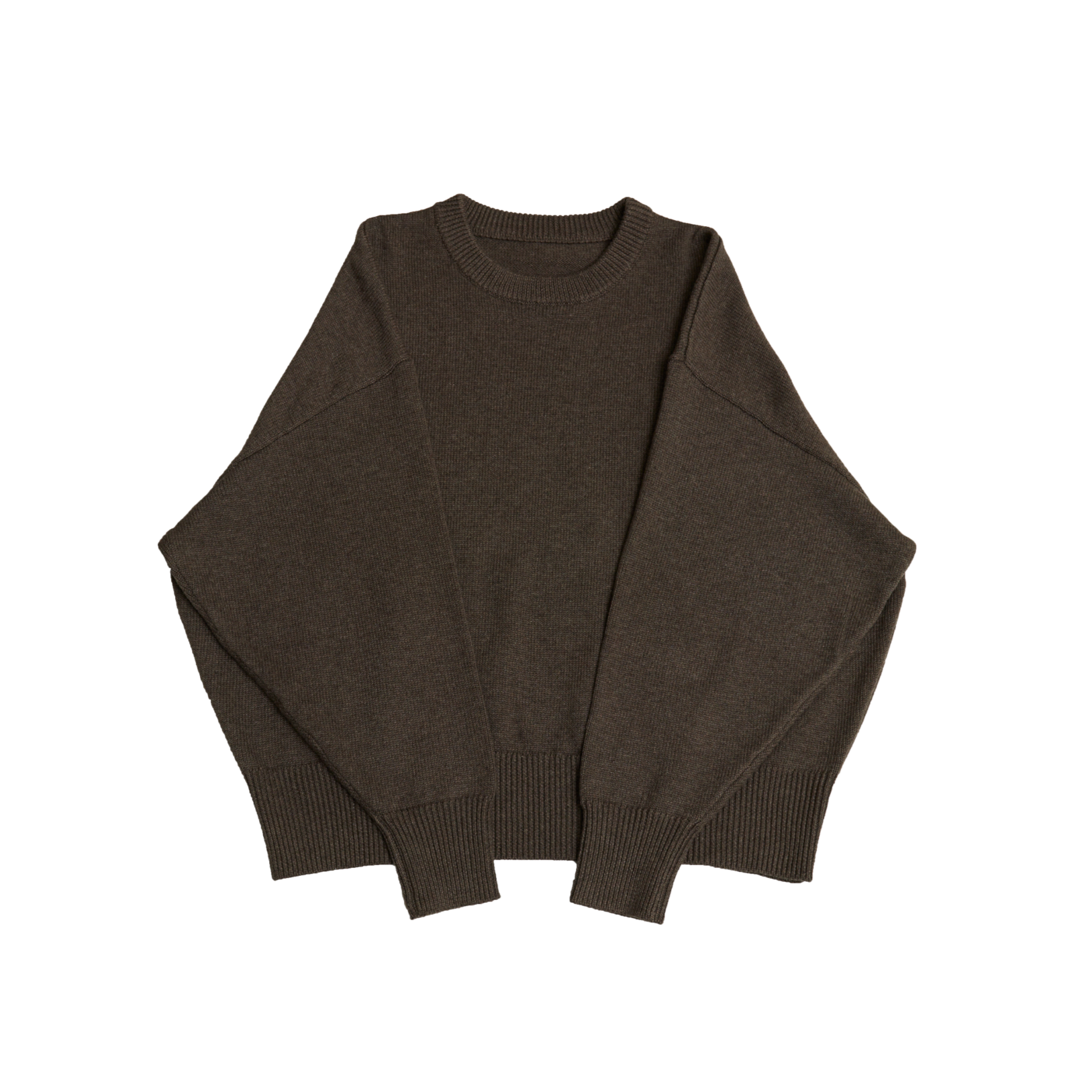 Brown crew neck oversized cotton blend sweater with ribbed cuffs and hem.