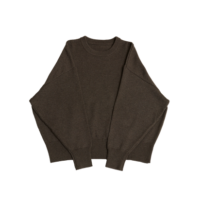 Brown crew neck oversized cotton blend sweater with ribbed cuffs and hem.