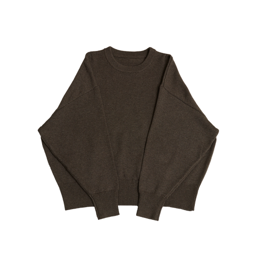 Brown crew neck oversized cotton blend sweater with ribbed cuffs and hem.