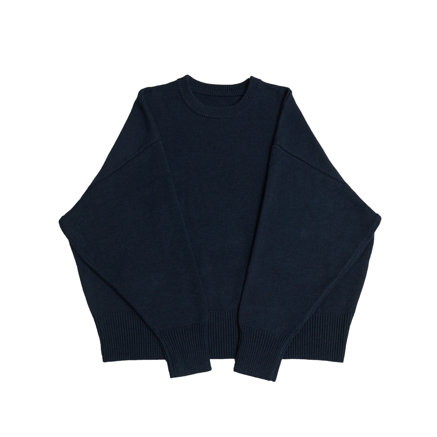 Dark blue crew neck oversized cotton blend sweater with ribbed cuffs and hem.