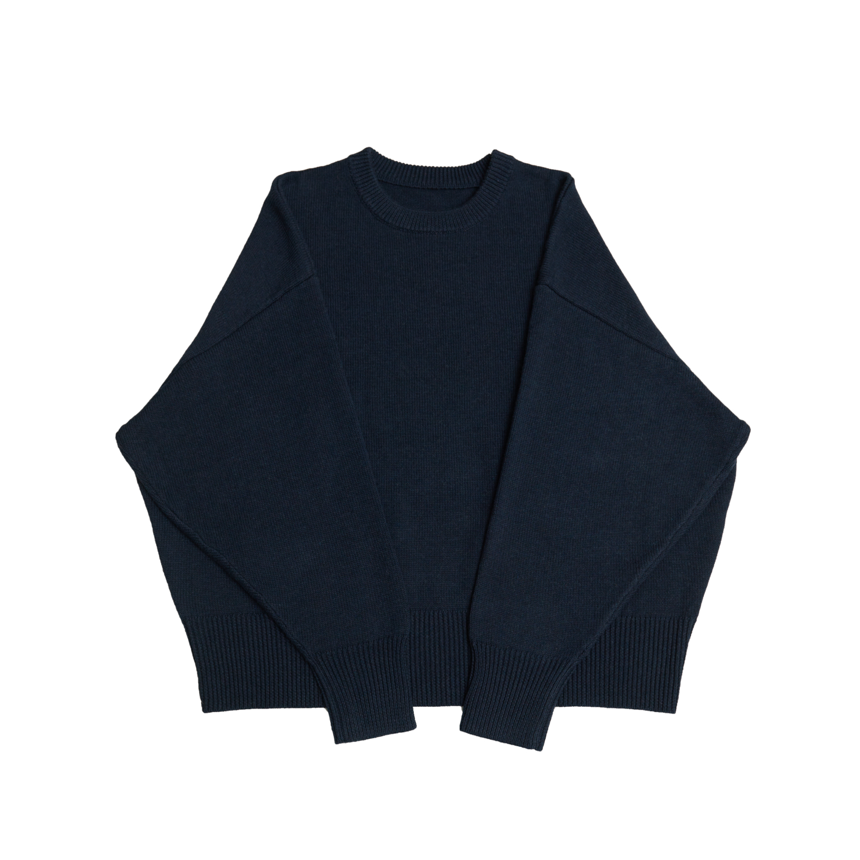 Dark blue crew neck oversized cotton blend sweater with ribbed cuffs and hem.