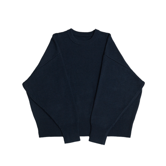 Dark blue crew neck oversized cotton blend sweater with ribbed cuffs and hem.