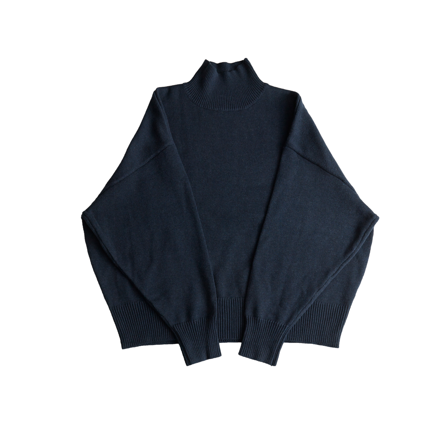 Dark blue mock neck oversized cotton blend sweater with ribbed cuffs and hem.