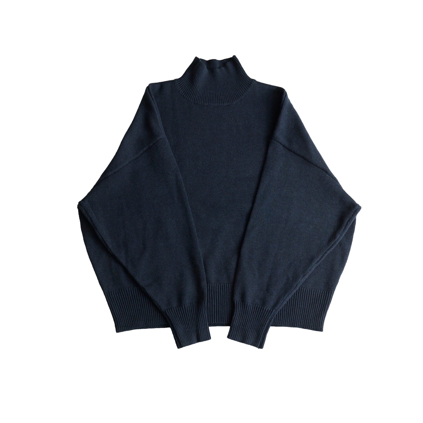 Dark blue mock neck oversized cotton blend sweater with ribbed cuffs and hem.