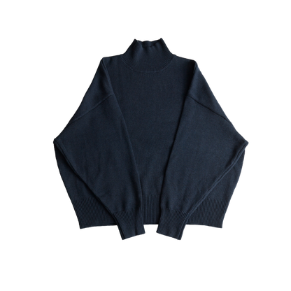 Dark blue mock neck oversized cotton blend sweater with ribbed cuffs and hem.