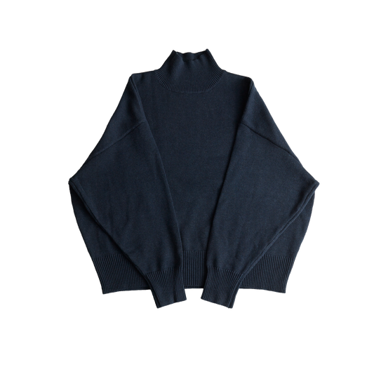 Dark blue mock neck oversized cotton blend sweater with ribbed cuffs and hem.